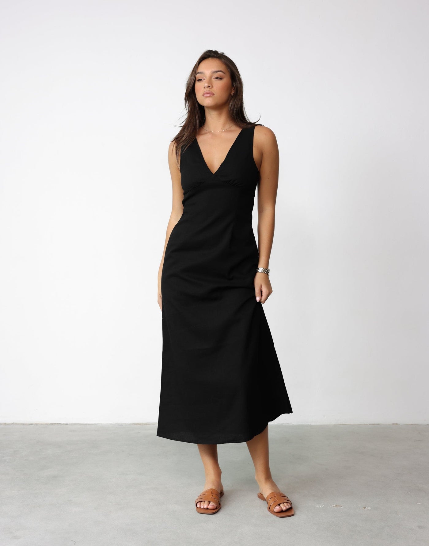 Jesika Maxi Dress (Black) | Charcoal Clothing Exclusive - Linen V neck Maxi Dress - Women's Dress - Charcoal Clothing