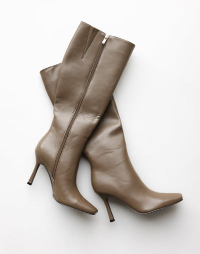 Lainey Boot (Mocha) - By Billini - High Heeled Round Square Toe Long Boot - Women's Shoes - Charcoal Clothing