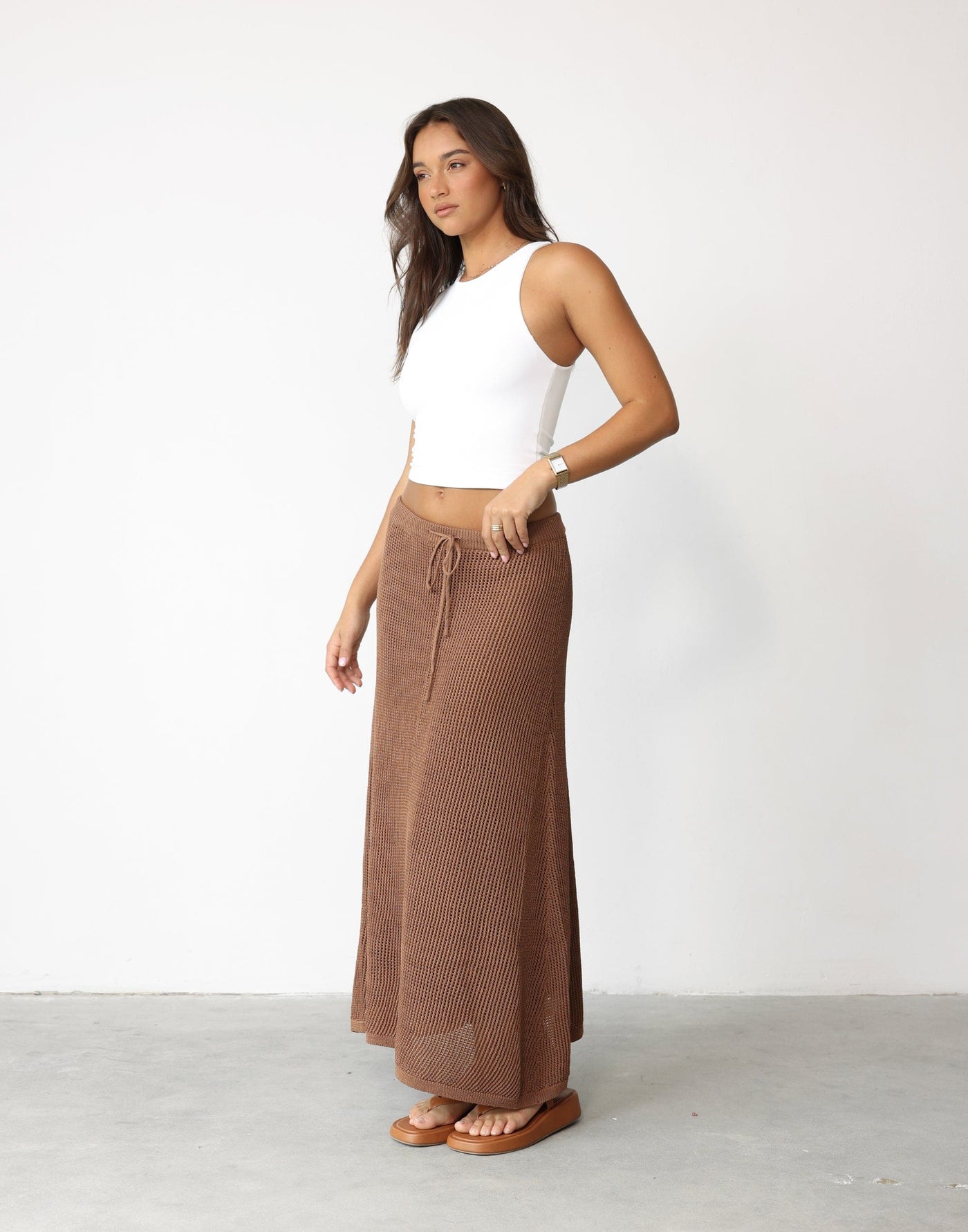 Niana Maxi Skirt (Mocha) - Flowy Lined Knit Overlay Maxi Dress - Women's Skirt - Charcoal Clothing