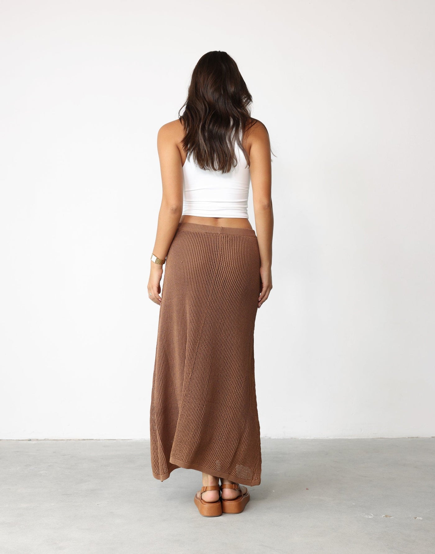 Niana Maxi Skirt (Mocha) - Flowy Lined Knit Overlay Maxi Dress - Women's Skirt - Charcoal Clothing