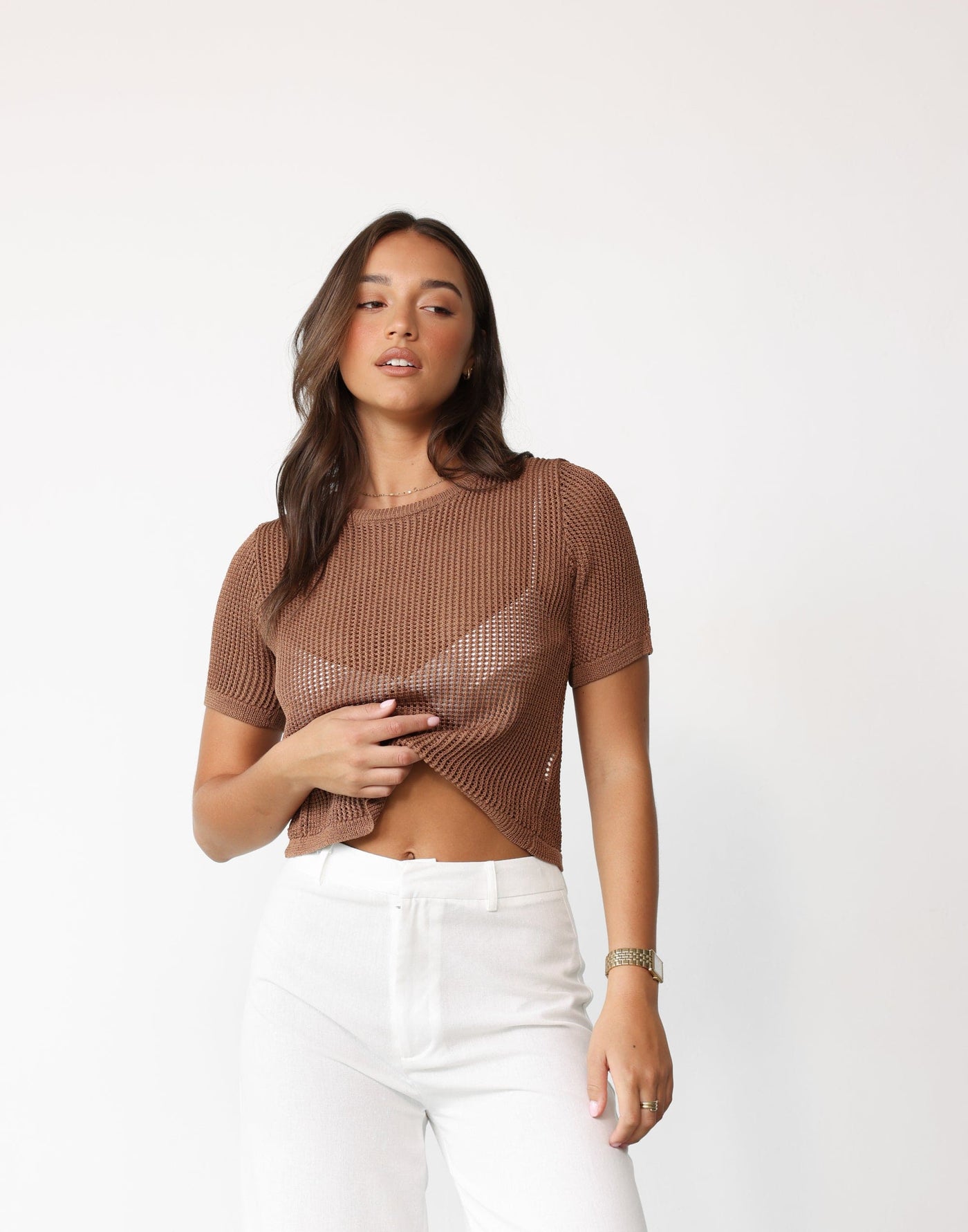 Niana Top (Mocha) - Cropped Style Short Sleeve Round Neck Top - Women's Top - Charcoal Clothing