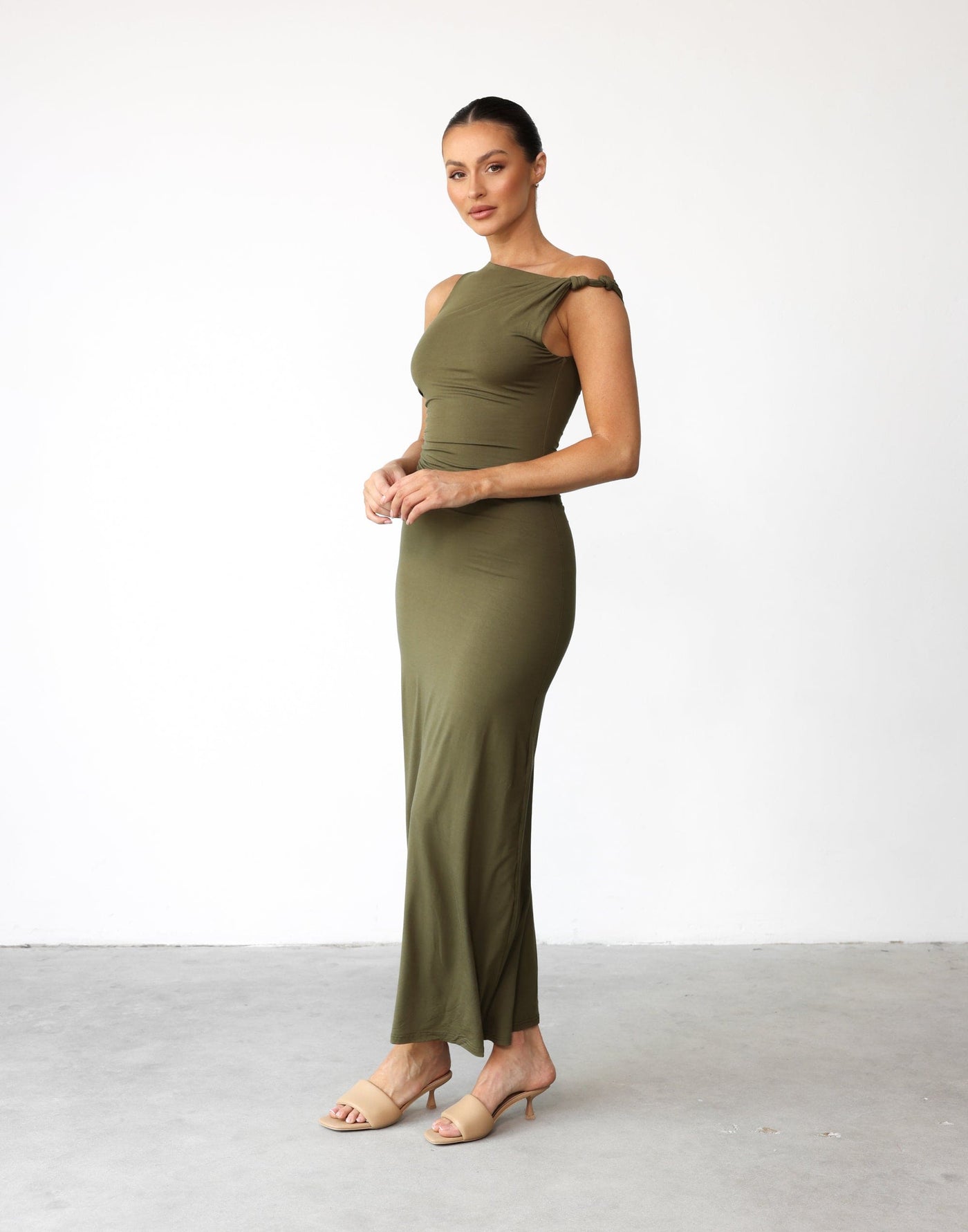 Sahana Maxi Dress (Khaki) - Twisted Knot Shoulder Jersey Maxi - Women's Dress - Charcoal Clothing