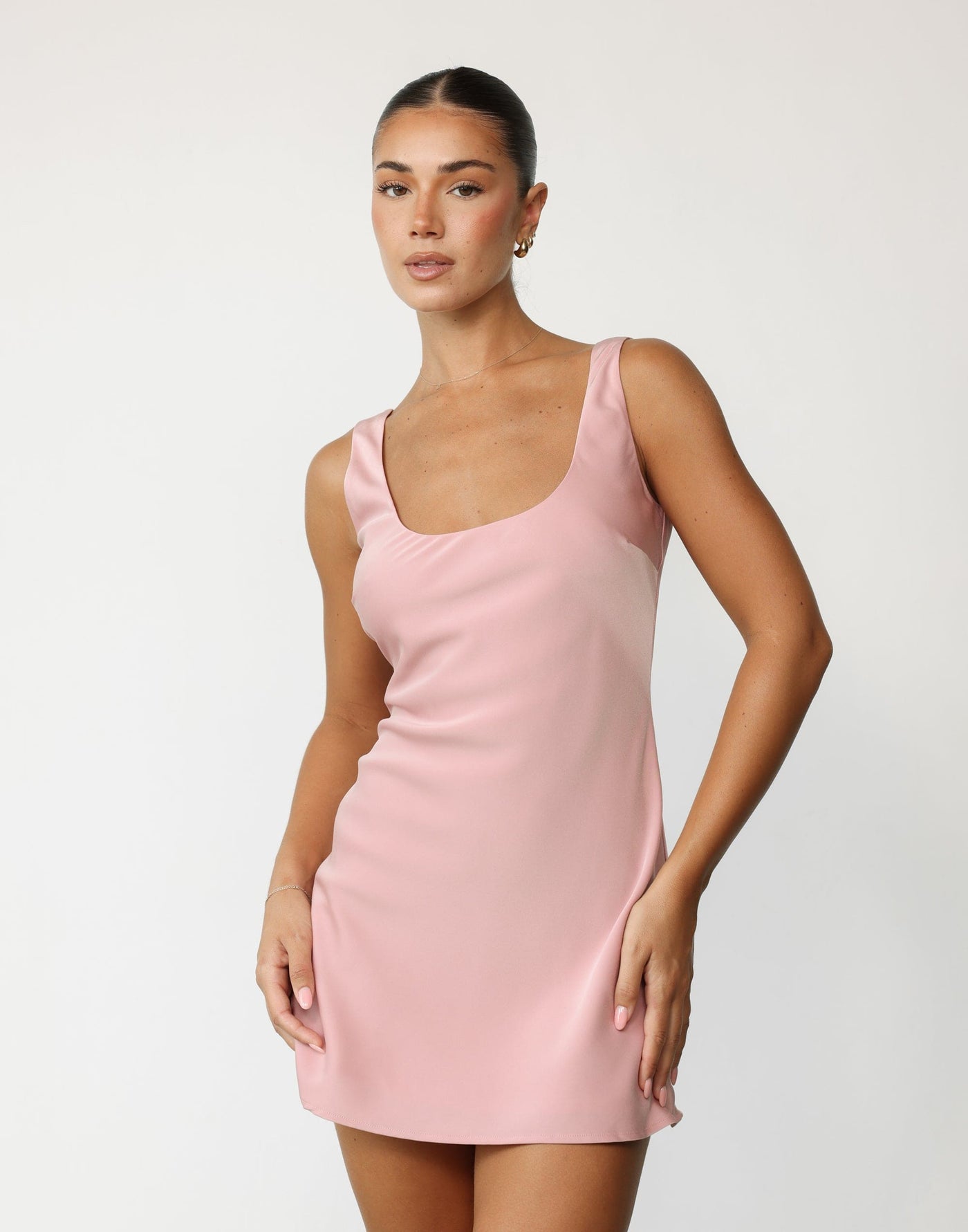 Camillio Mini Dress (Blush) | CHARCOAL Exclusive - High Round Neckline and Scoop Back Satin Mini - Women's Dress - Charcoal Clothing