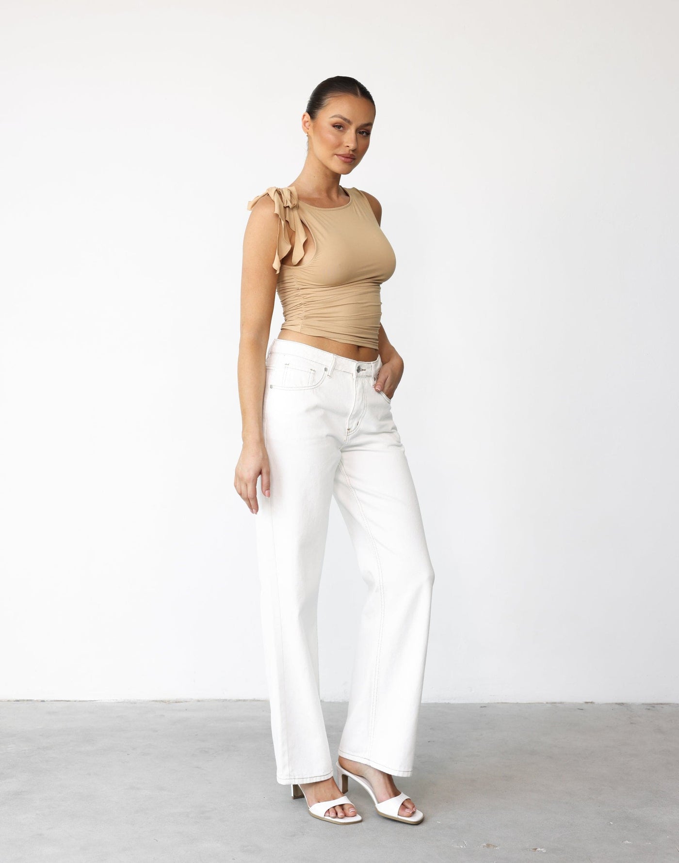 Rendezvous Top (Tan) By Lioness Frill Detail Bodycon Top CHARCOAL