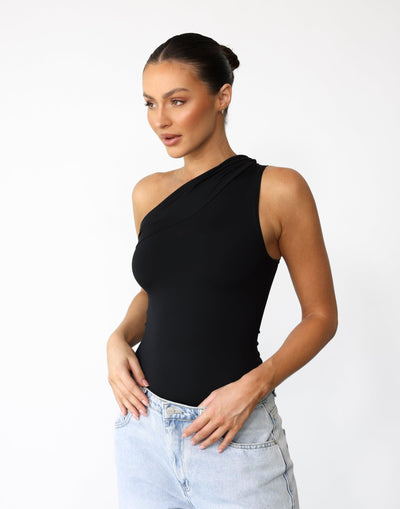 Aysha Bodysuit (Black) - Asymmetrical Neckline Bodycon Bodysuit - Women's Top - Charcoal Clothing