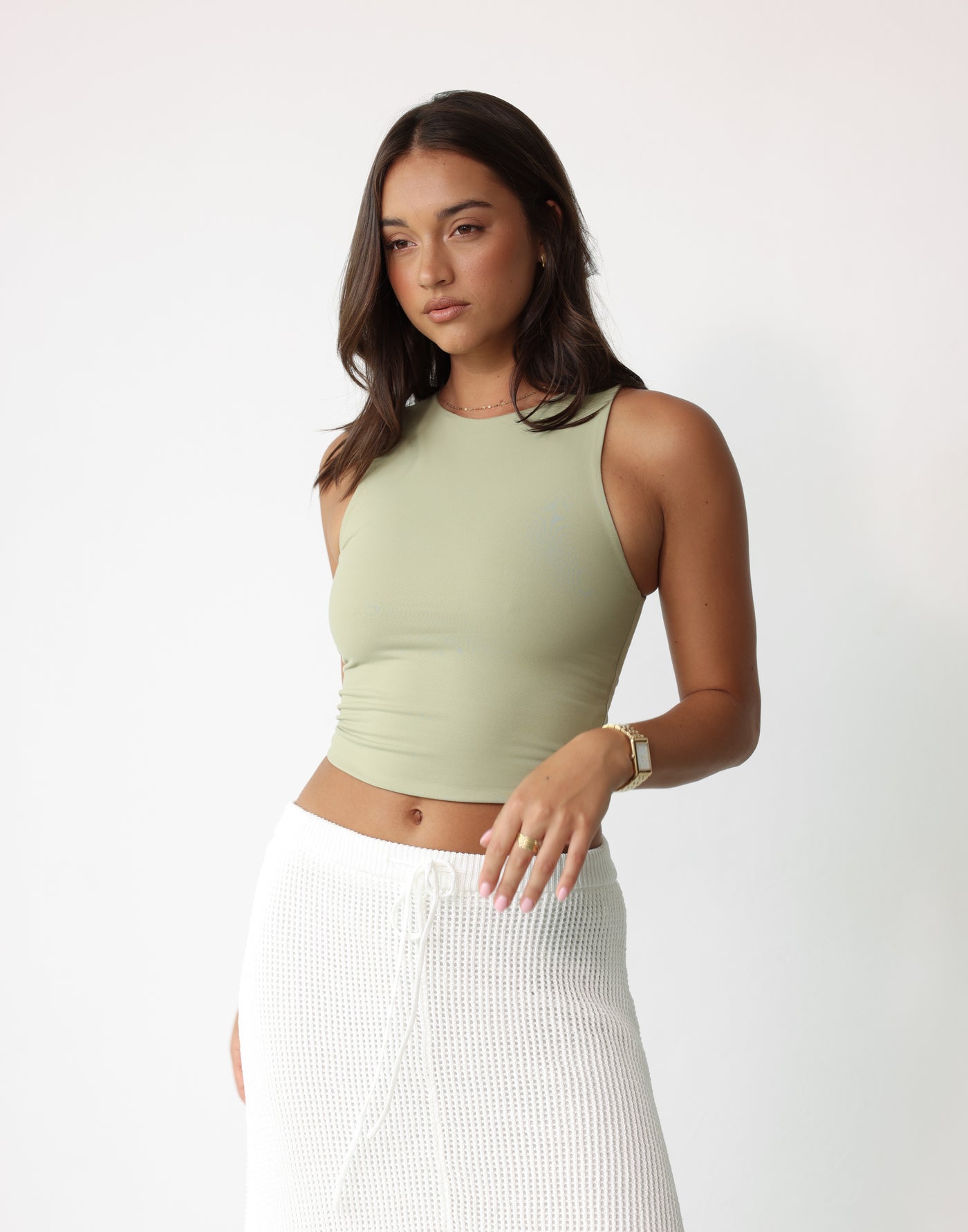Alainn Top (Sage) - Bodycon Double Lined Crop Top - Women's Top - Charcoal Clothing