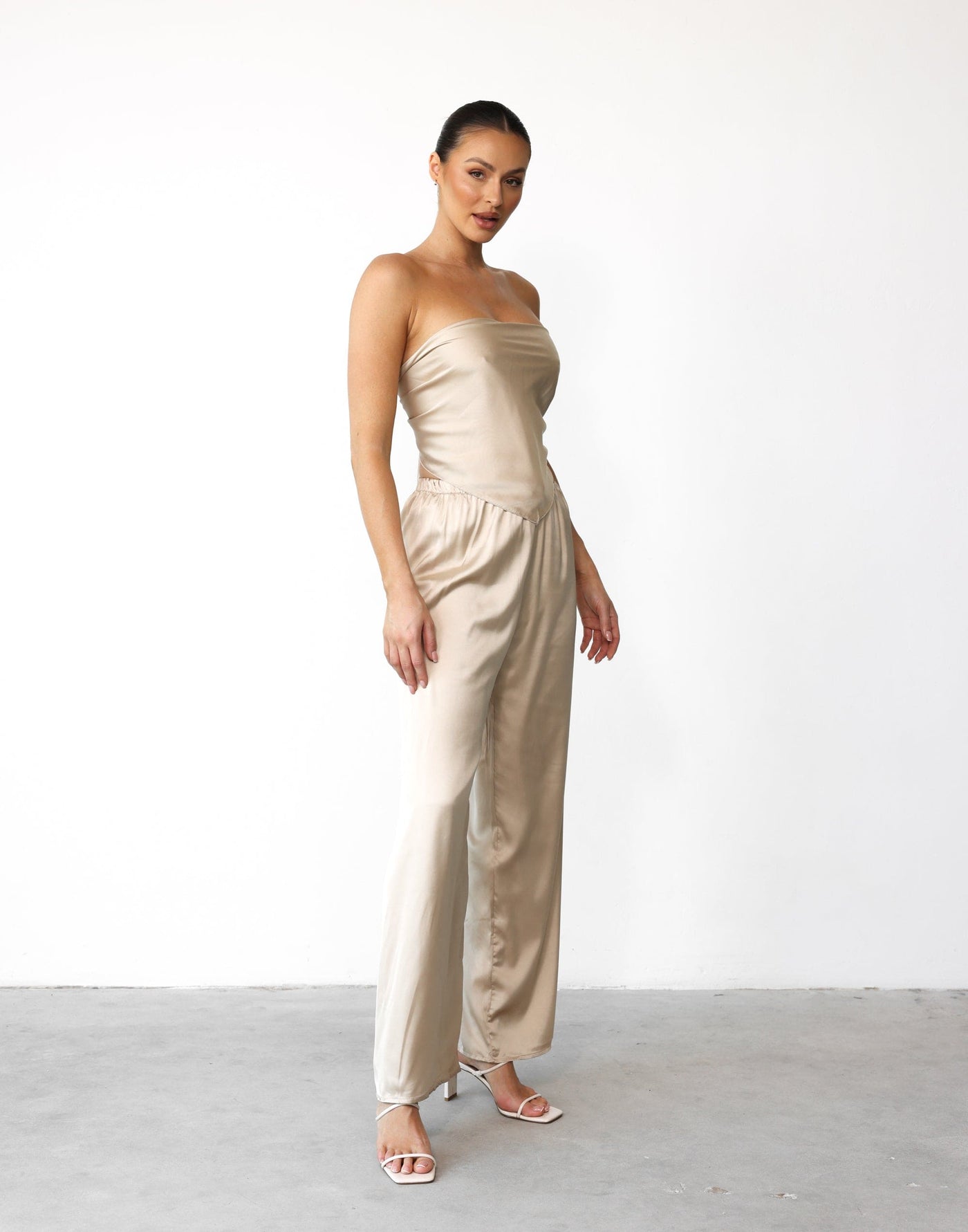 Jahmilla Scarf Top (Beige) - Satin Adjustable Tie Scarf Top - Women's Top - Charcoal Clothing