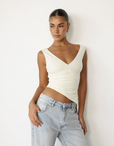 Viola Top (Oat) | CHARCOAL Exclusive - Low V-neck Ruched Longline Top - Women's Top - Charcoal Clothing