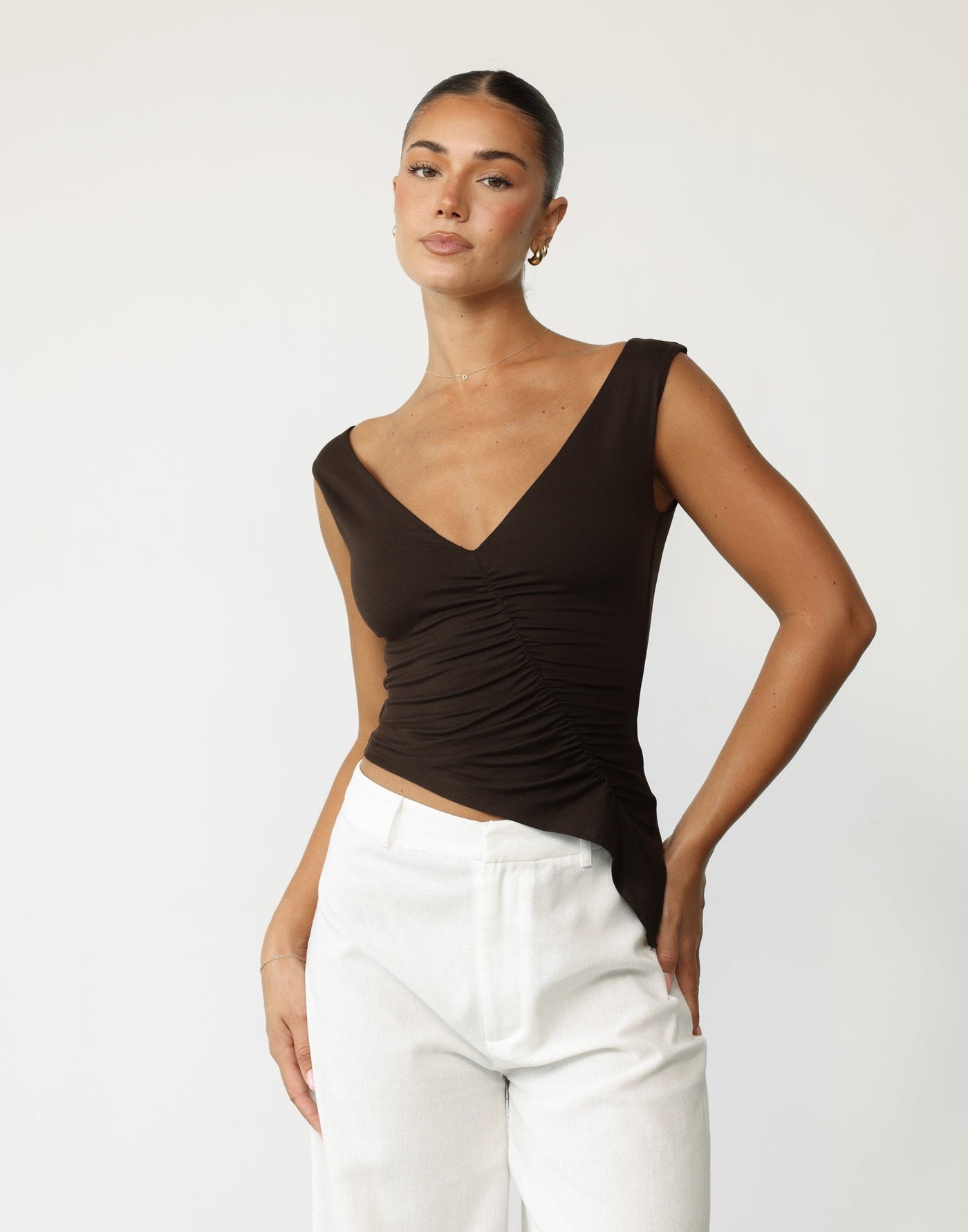Viola Top (Chocolate) | CHARCOAL Exclusive - Low V-neck Ruched Longline Top - Women's Top - Charcoal Clothing