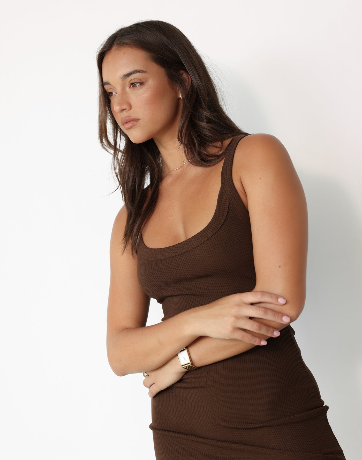 Skyler Mini Dress (Chocolate) - Ribbed Stretch Jersey Round Neck Mini Dress - Women's Dress - Charcoal Clothing