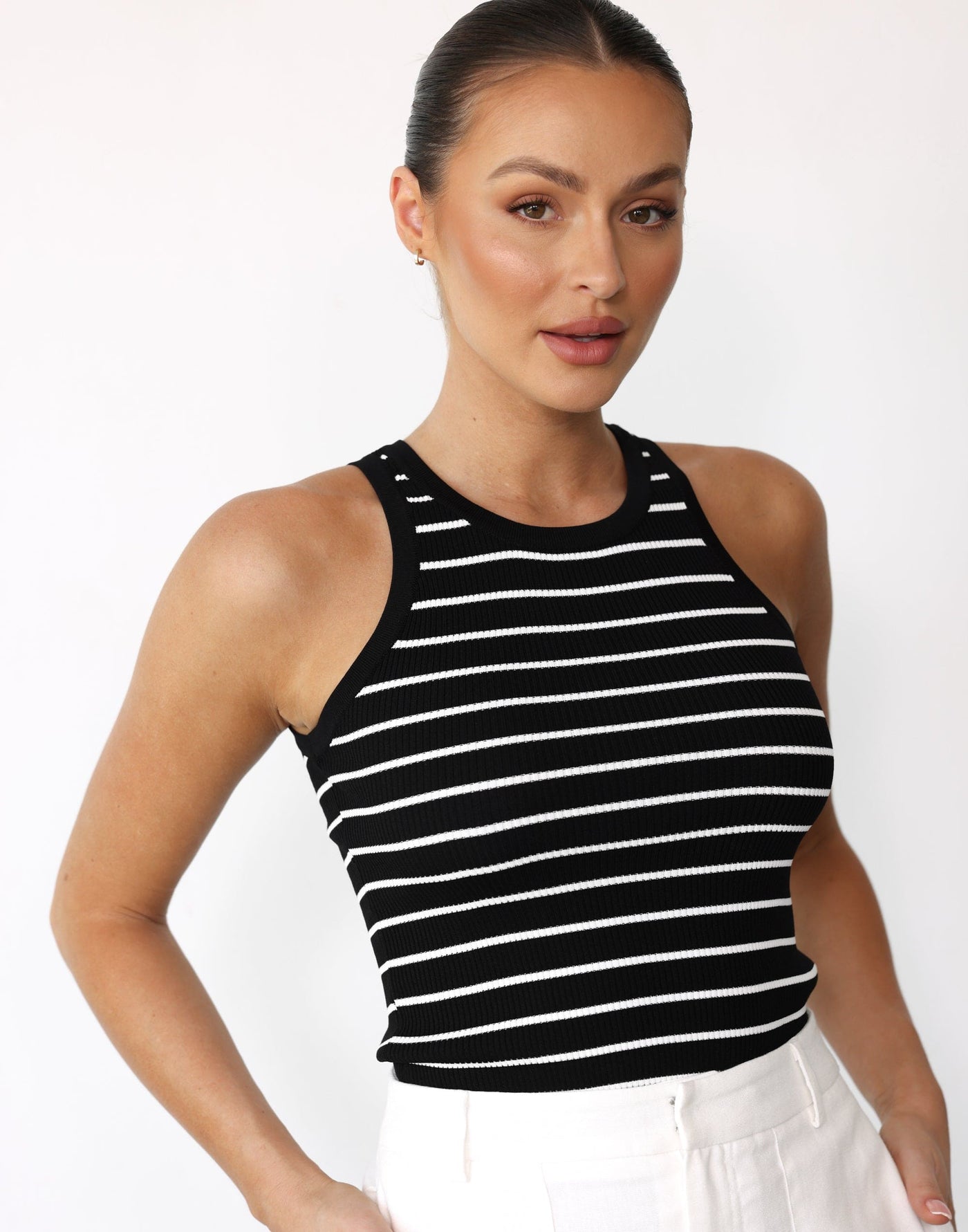 Eleynah Tank Top (Black/White) - Striped Ribbed High Neck Tank - Women's Top - Charcoal Clothing