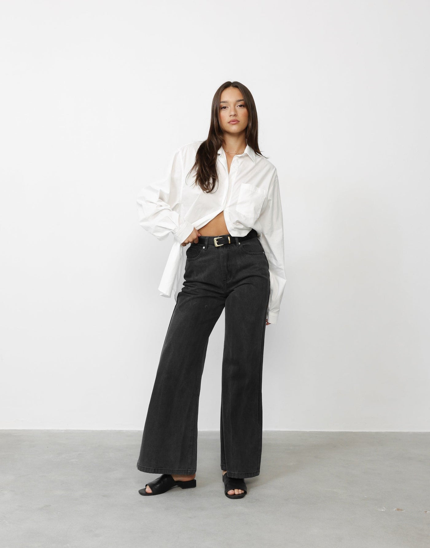 Ethan Wide Leg Jeans (Dark Grey) - High Waisted Flared Leg Jeans - Women's Pants - Charcoal Clothing