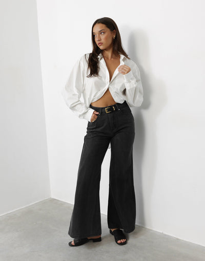 Ethan Wide Leg Jeans (Dark Grey) - High Waisted Flared Leg Jeans - Women's Pants - Charcoal Clothing