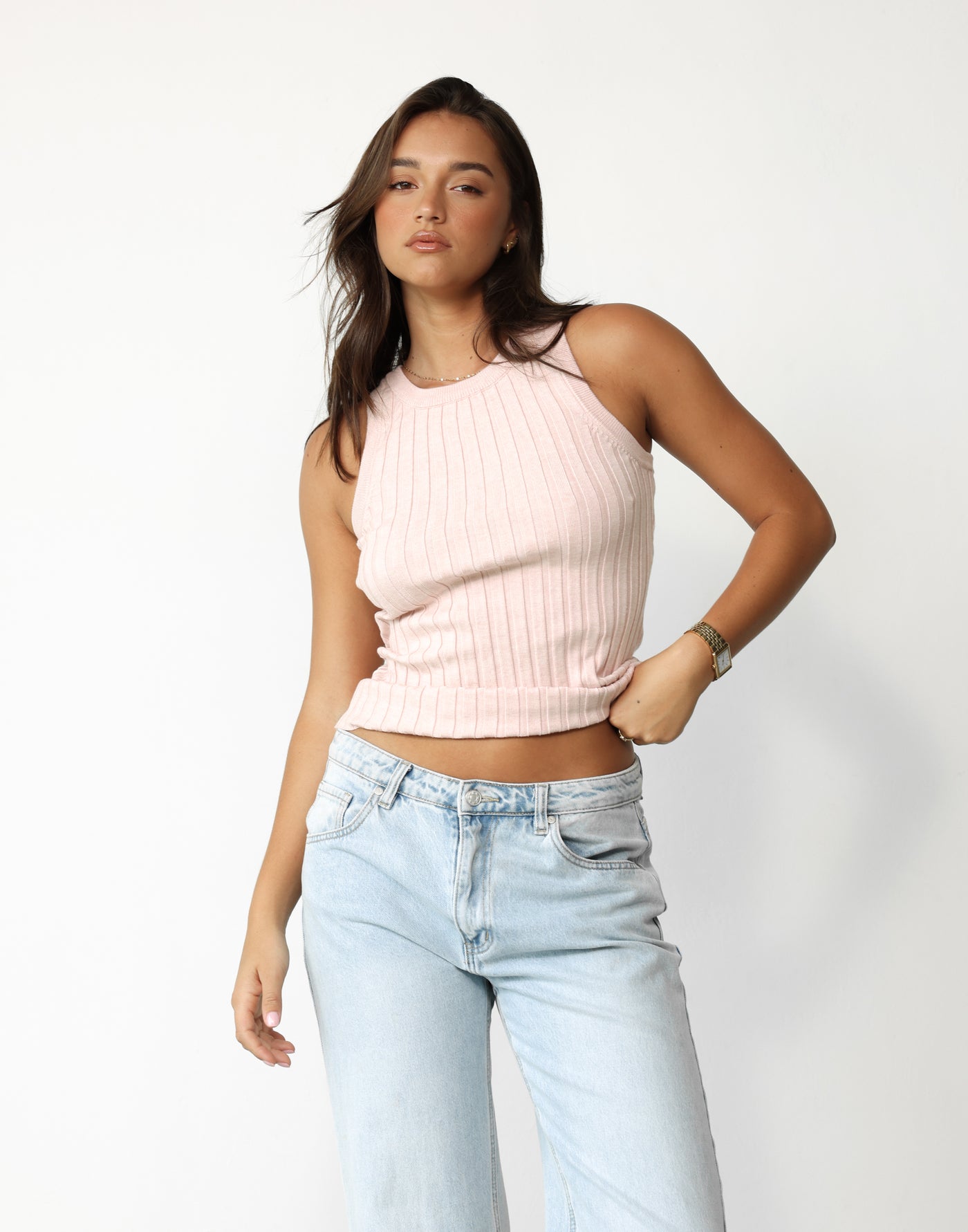 Mae Tank Top (Rose Water) - Round Neckline Ribbed Tank Top - Women's Top - Charcoal Clothing