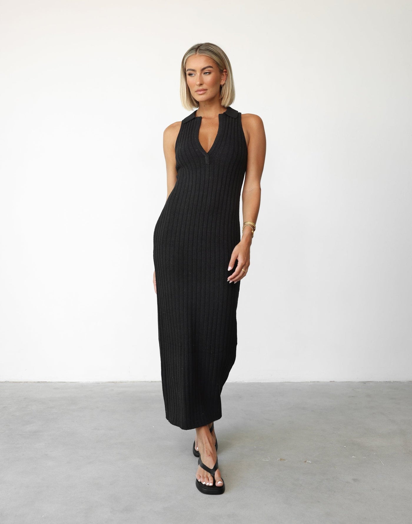 Maliyah Maxi Dress (Black) | Charcoal Clothing Exclusive - Knit Collared V-neckline Ribbed Maxi Dress - Women's Dress - Charcoal Clothing
