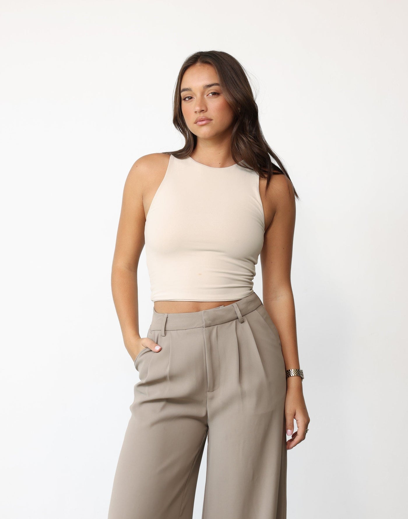Alainn Top (Beige) - Bodycon Double Lined Crop Top - Women's Top - Charcoal Clothing