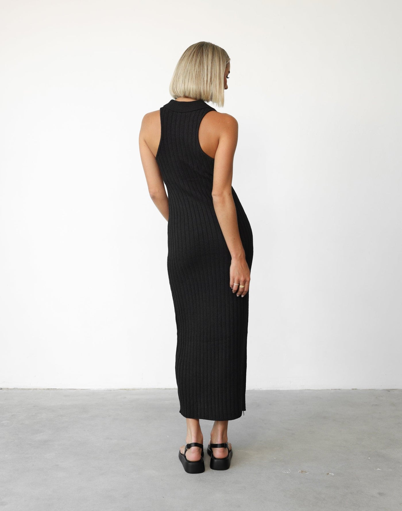 Maliyah Maxi Dress (Black) | Charcoal Clothing Exclusive - Knit Collared V-neckline Ribbed Maxi Dress - Women's Dress - Charcoal Clothing