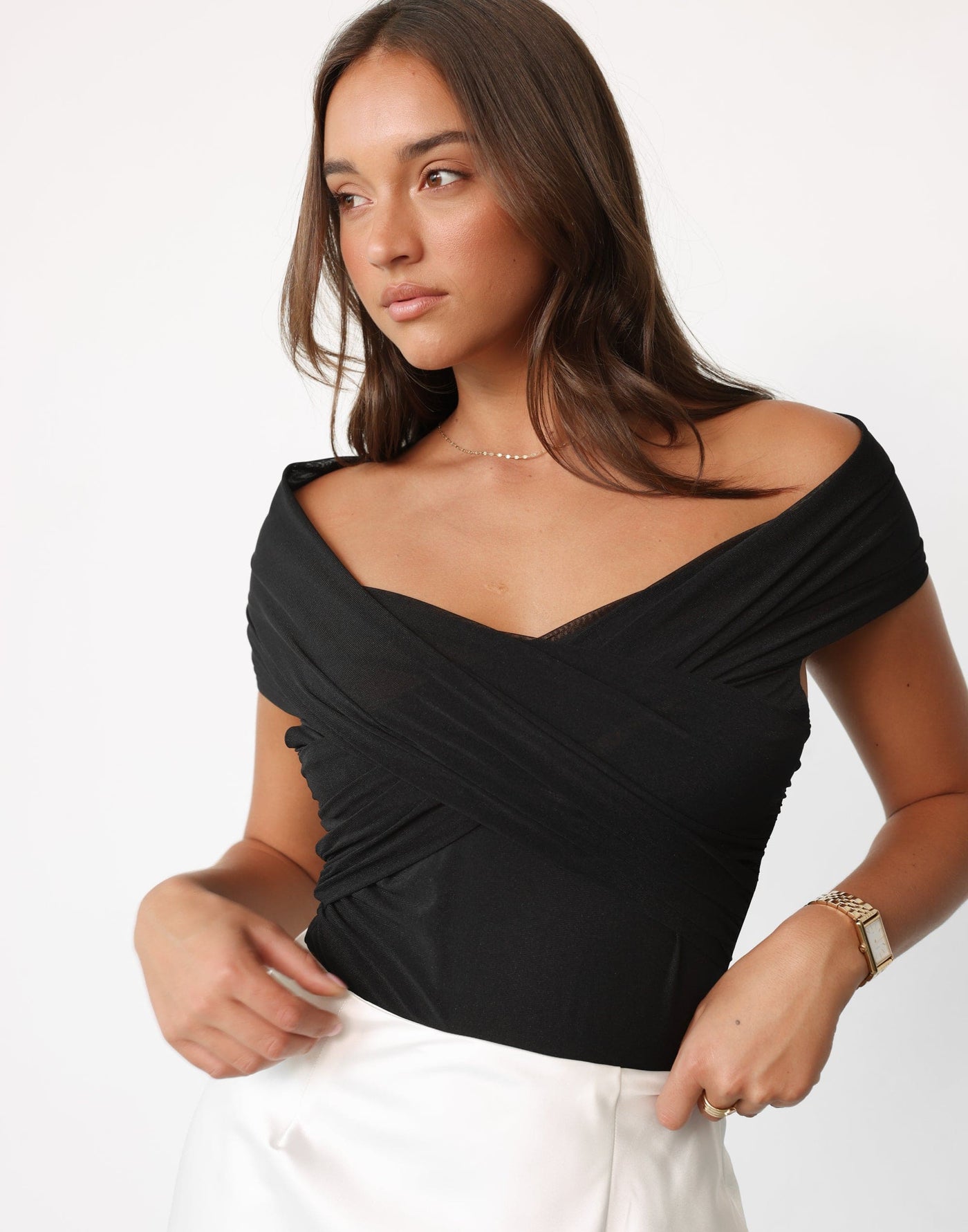 Julie Bodysuit (Black) - Off Shoulder V-neckline Bodycon Bodysuit - Women's Top - Charcoal Clothing