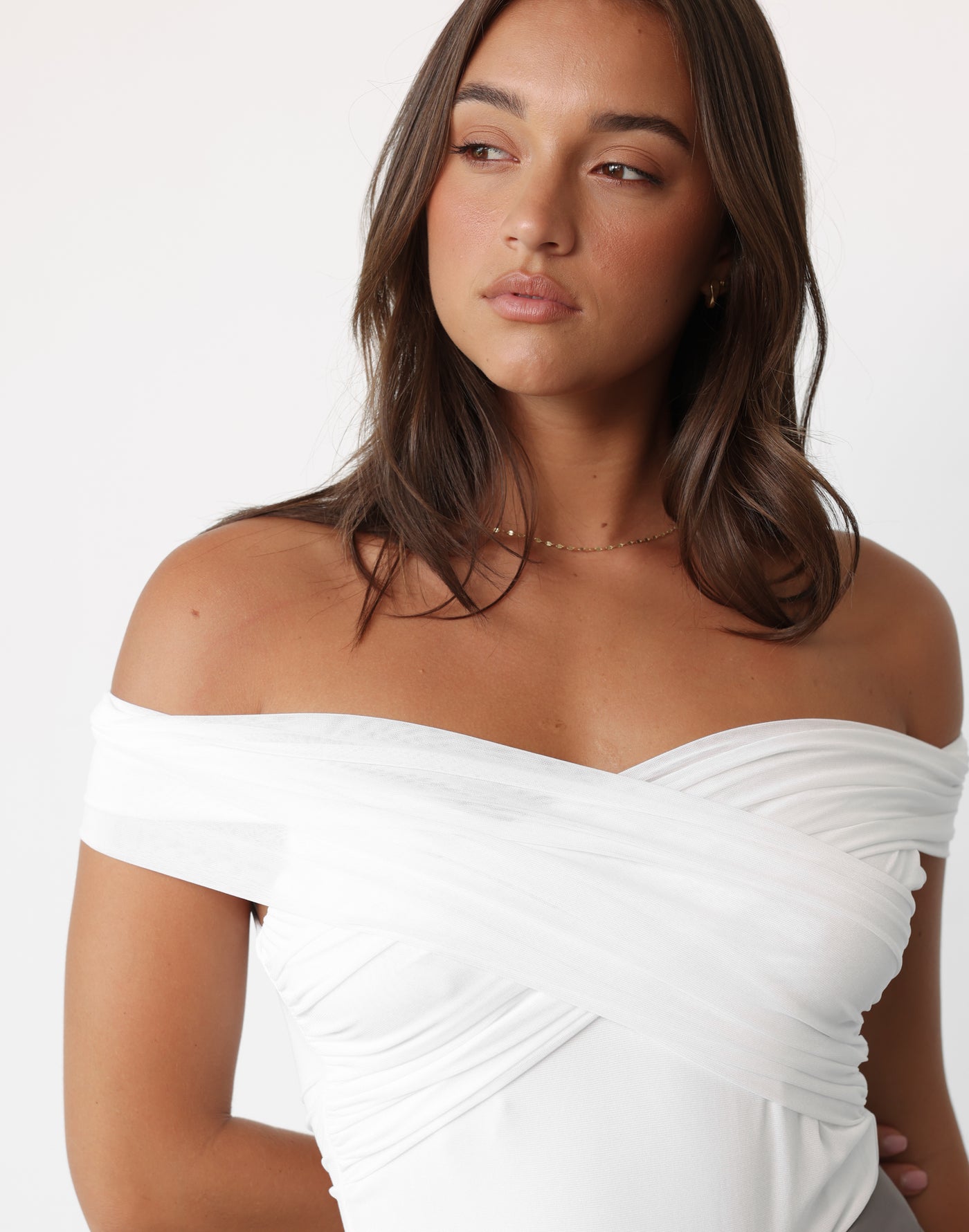 Julie Bodysuit (White) - Off Shoulder V-neckline Bodycon Bodysuit - Women's Top - Charcoal Clothing
