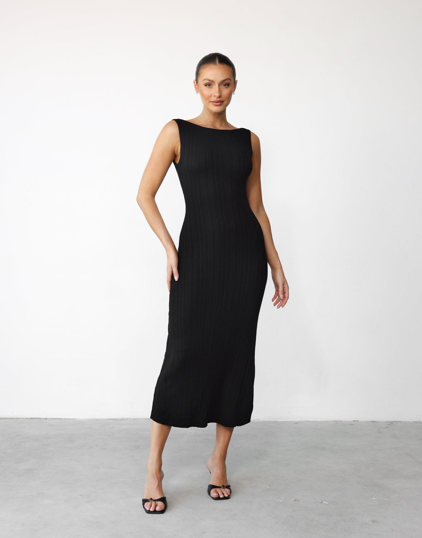 Aylah Midi Dress (Black) - Textured Backless High Boatneck Midi - Women's Dress - Charcoal Clothing