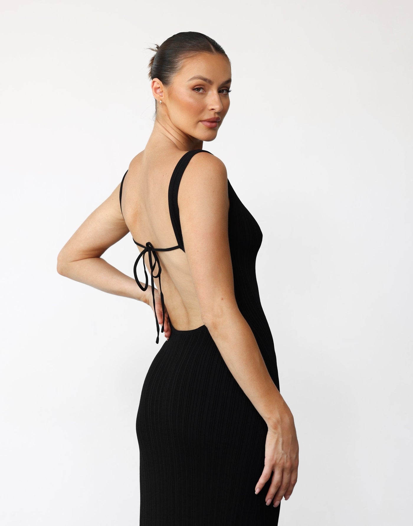 Aylah Midi Dress (Black) - Textured Backless High Boatneck Midi - Women's Dress - Charcoal Clothing