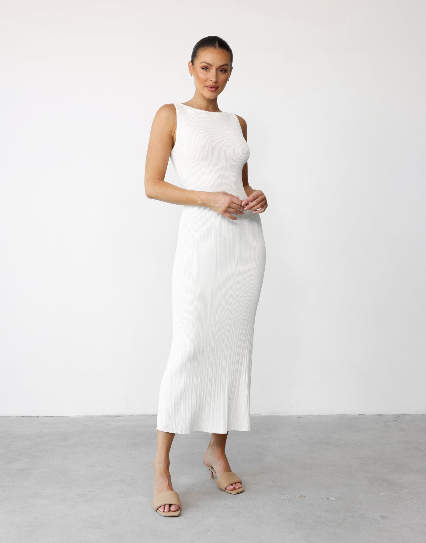 Aylah Midi Dress (Cream) - Textured Backless High Boatneck Midi - Women's Dress - Charcoal Clothing
