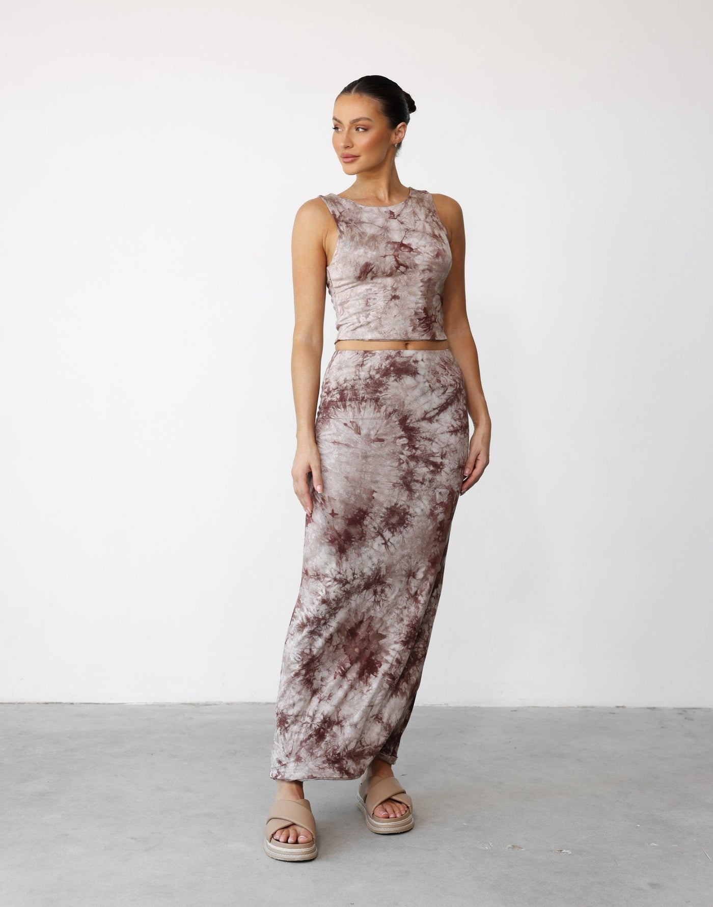 Nitara Maxi Skirt (Taupe Tie Dye) - Printed Bodycon Jersey Maxi Skirt - Women's Skirt - Charcoal Clothing