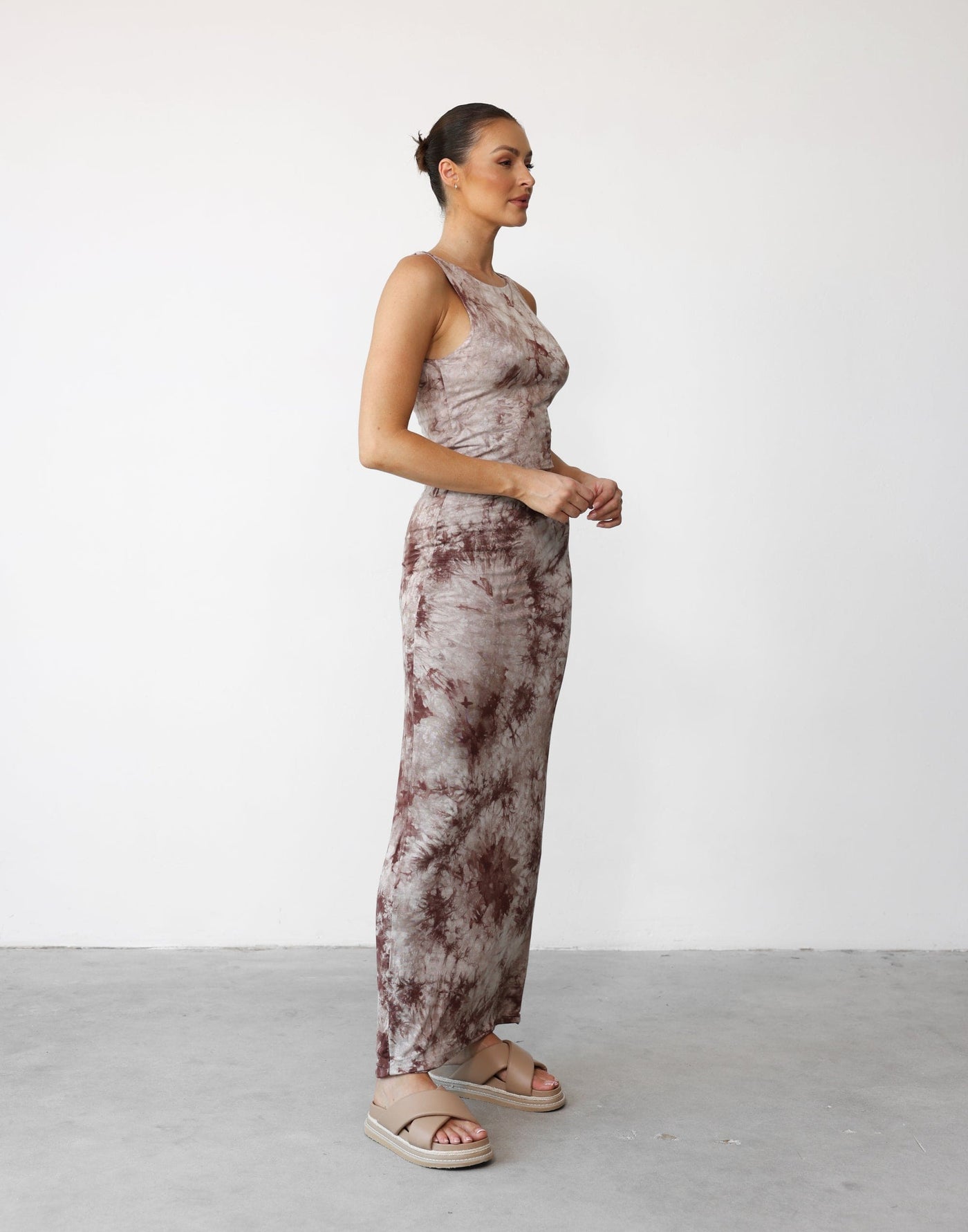 Nitara Maxi Skirt (Taupe Tie Dye) - Printed Bodycon Jersey Maxi Skirt - Women's Skirt - Charcoal Clothing
