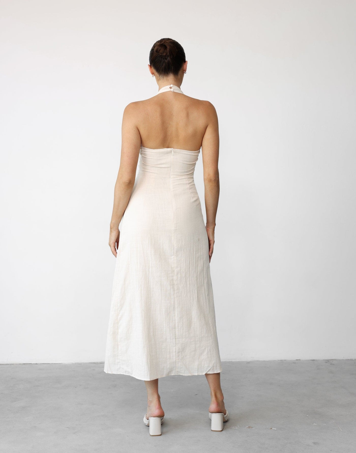Nakia Maxi Dress (Beige) - Asymmetrical Strap Neckline Cotton Blend Maxi - Women's Outerwear - Charcoal Clothing