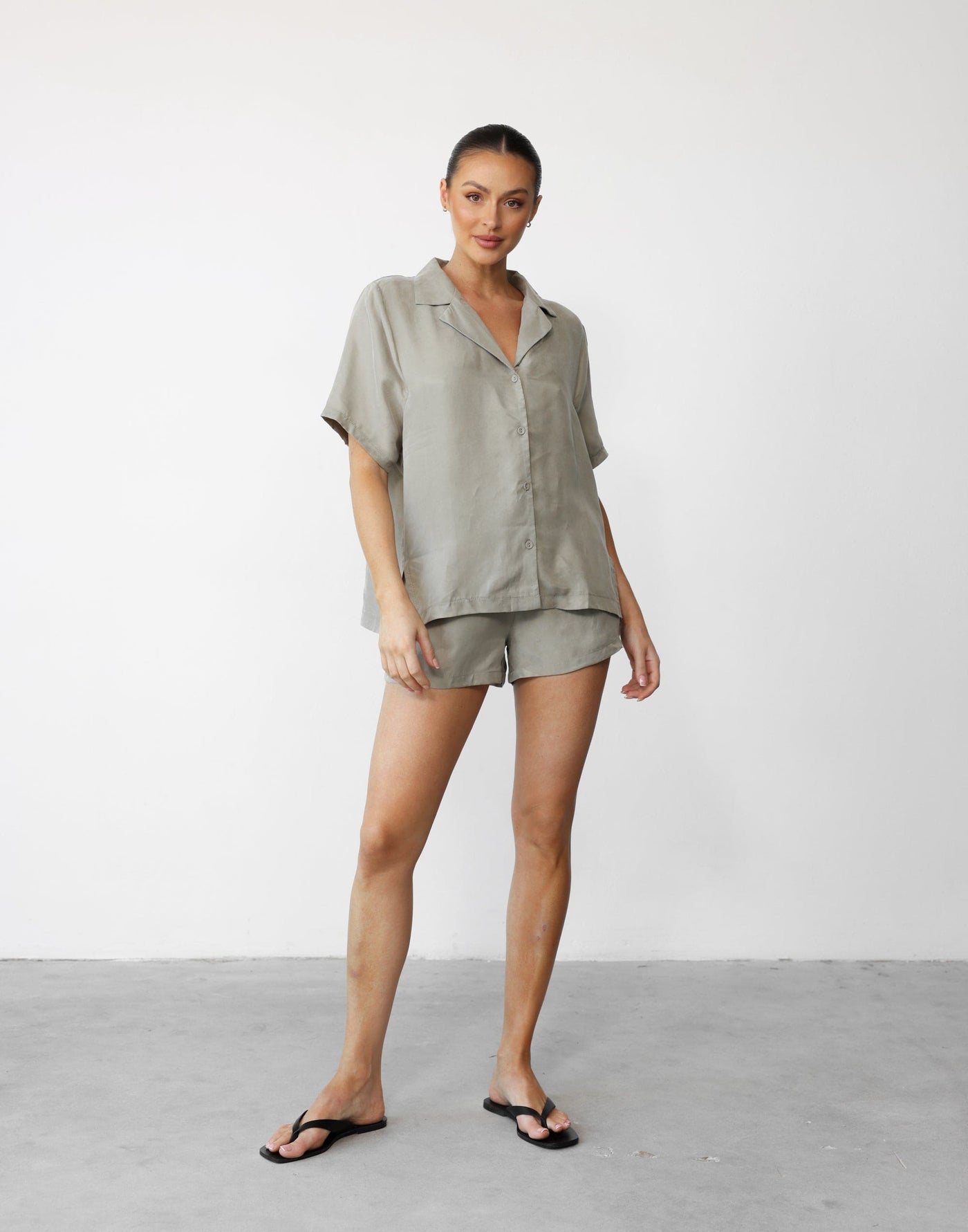 Minni Shorts (Pistachio) - Cupro High Elasticated Waist Relaxed Short - Women's Shorts - Charcoal Clothing