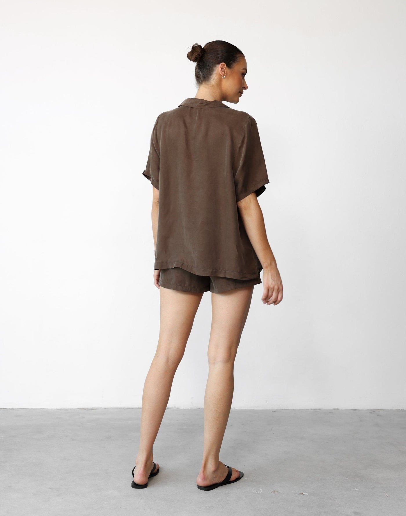 Minni Shorts (Chocolate) - Cupro High Elasticated Waist Relaxed Short - Women's Shorts - Charcoal Clothing