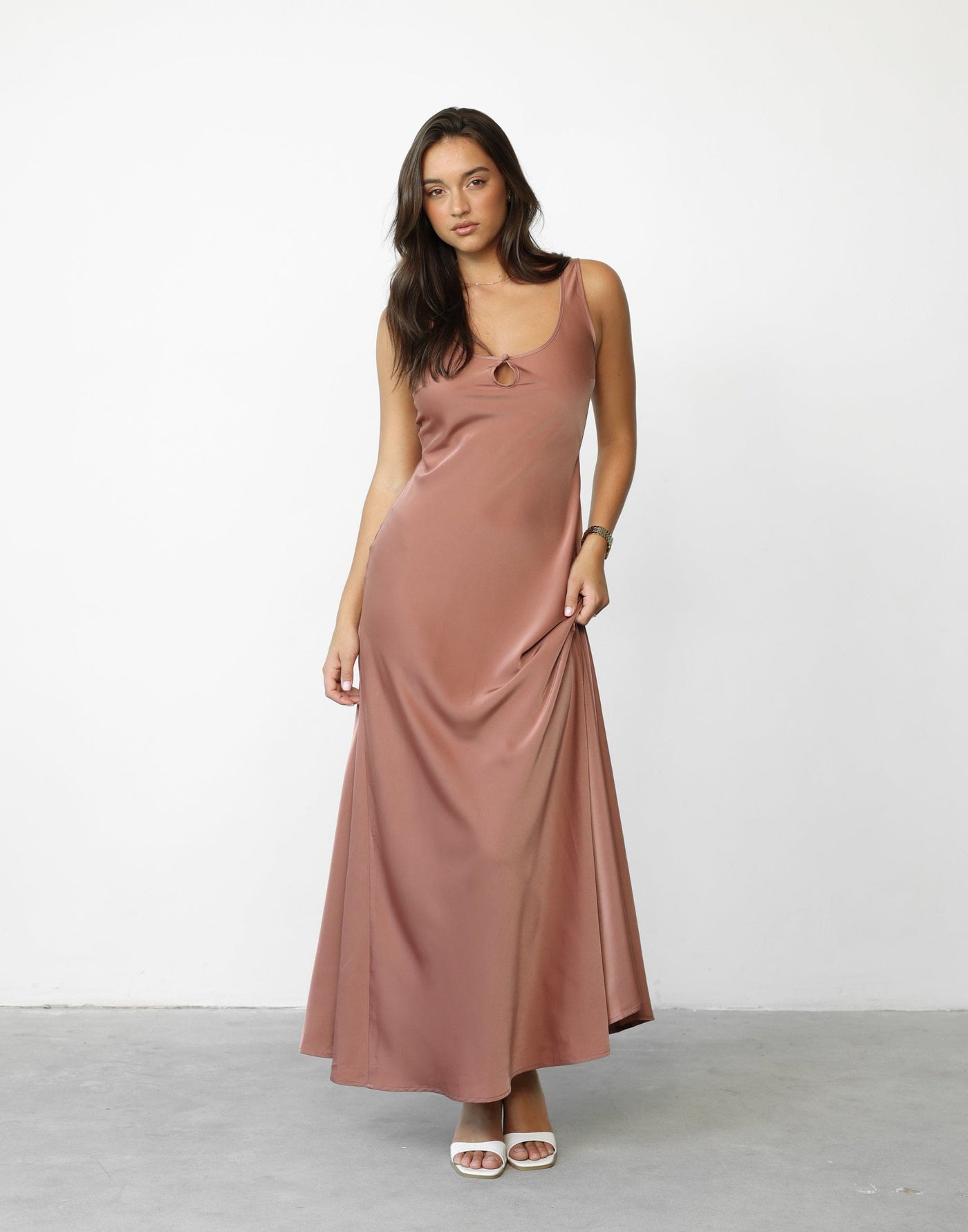 Charlotte Maxi Dress (Dusty Rose) - Satin Maxi Dress with Keyhole - Women's Dress - Charcoal Clothing