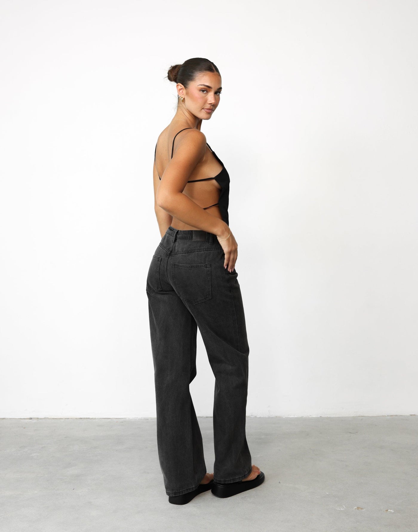 Adeola Top (Black) - Asymmetrical Neckline Backless Top - Women's Top - Charcoal Clothing