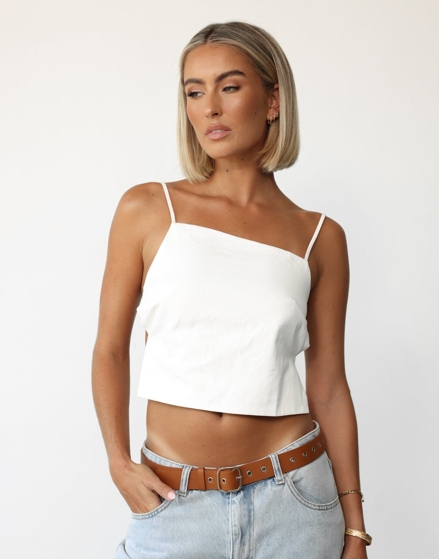 Adeola Top (White) - Asymmetrical Neckline Backless Top - Women's Top - Charcoal Clothing