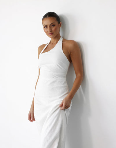 Nakia Maxi Dress (White) - Asymmetrical Strap Neckline Cotton Blend Maxi - Women's Top - Charcoal Clothing