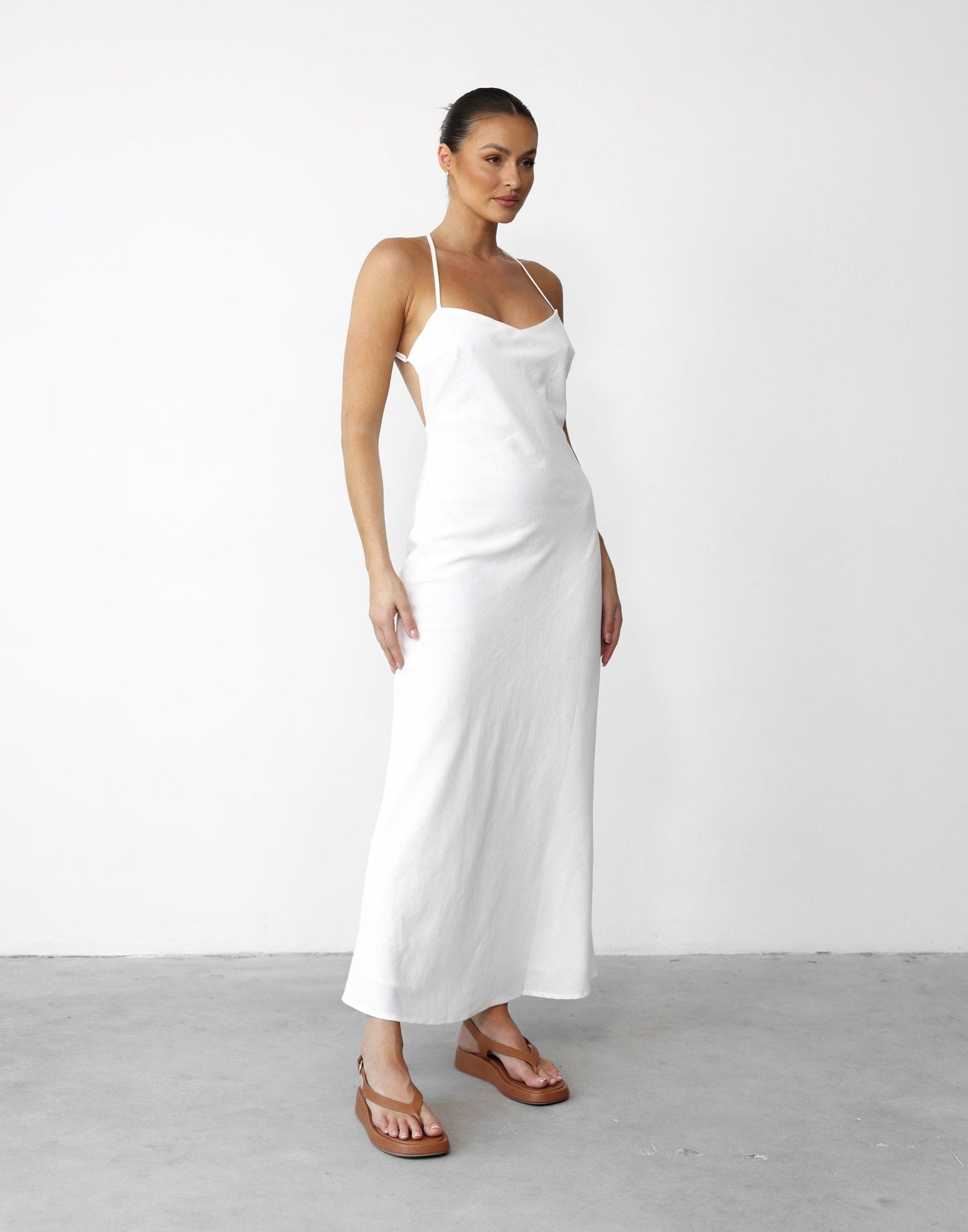 Haylie Linen Maxi Dress (White) - Low Back Cross Strap Maxi Dress - Women's Dress - Charcoal Clothing