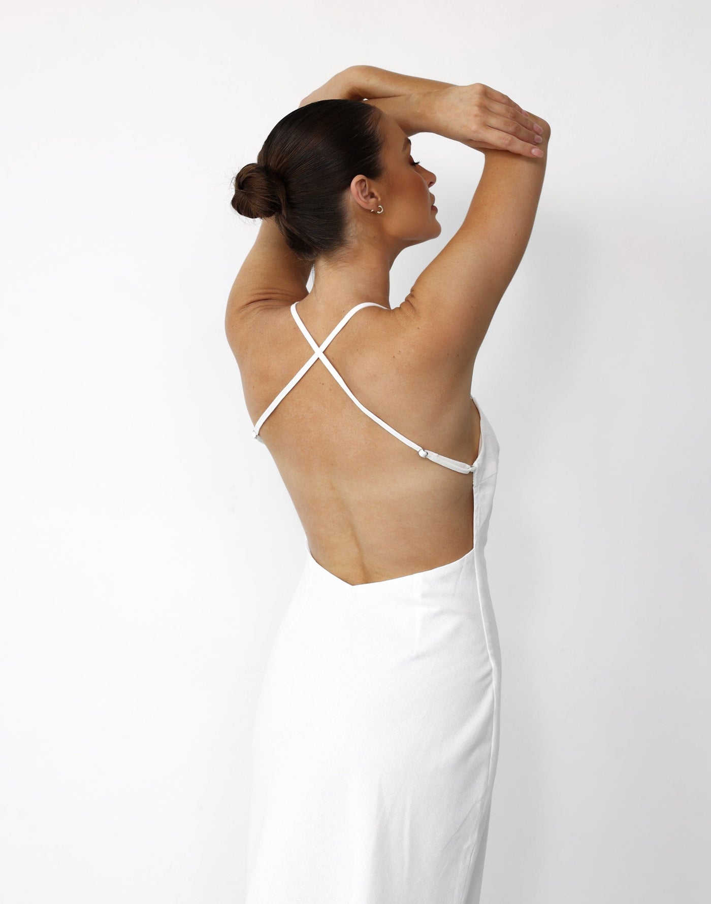 Haylie Linen Maxi Dress (White) - Low Back Cross Strap Maxi Dress - Women's Dress - Charcoal Clothing