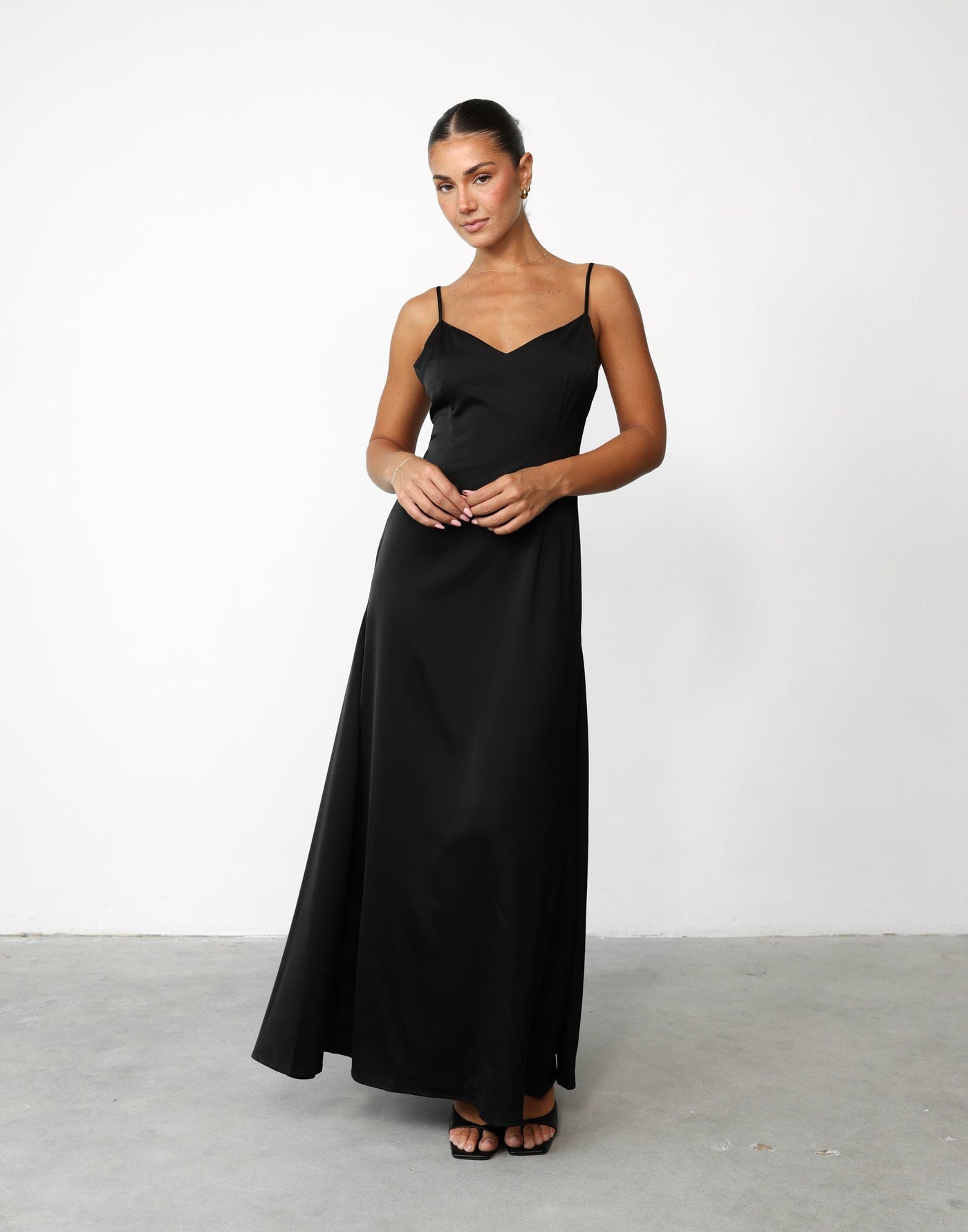 Isabella Maxi Dress (Black) - Satin V Neck Thin Strap Maxi - Women's Dress - Charcoal Clothing
