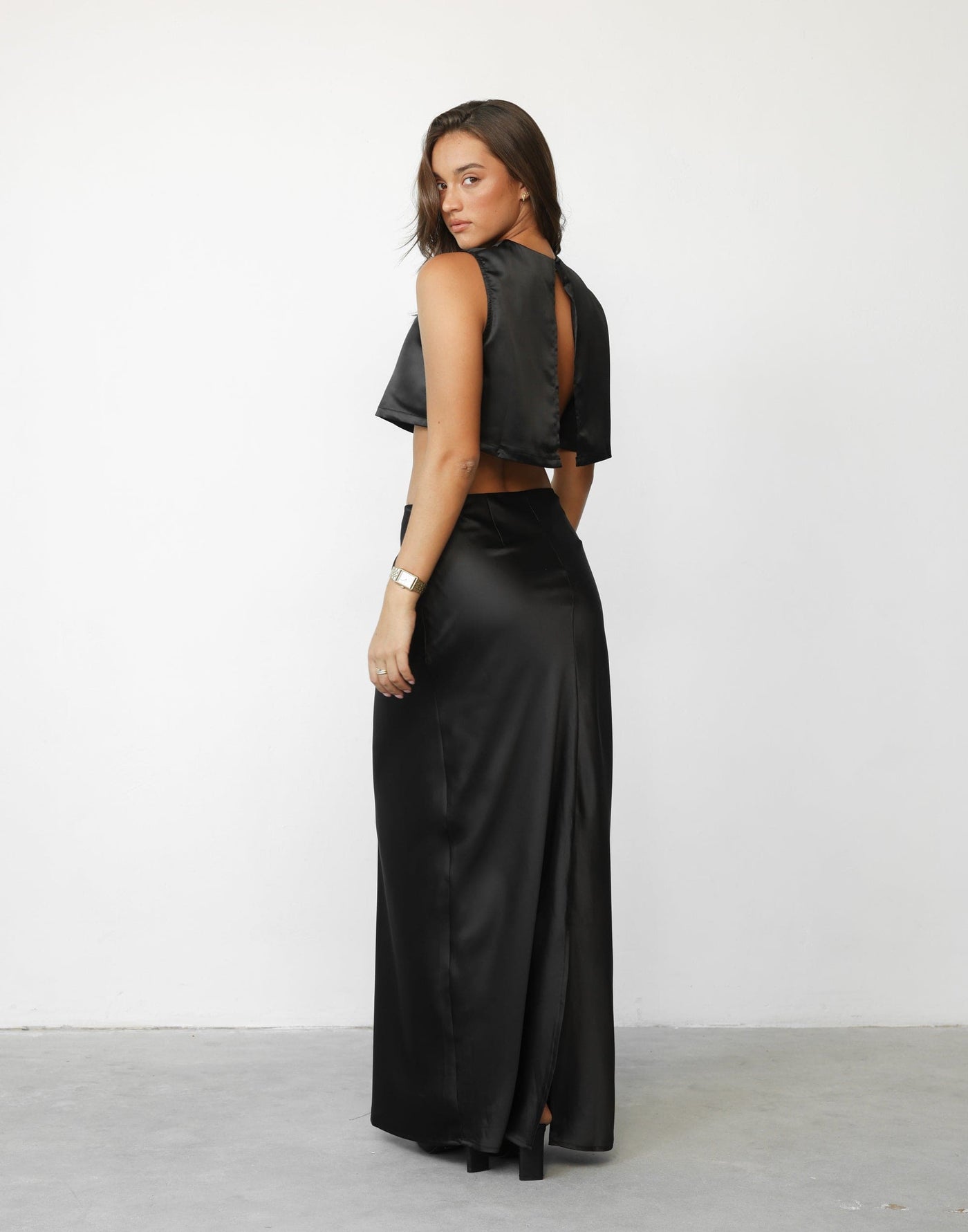 Sincerity Maxi Skirt (Black) - Black Satin High Waisted Skirt - Women's Skirt - Charcoal Clothing