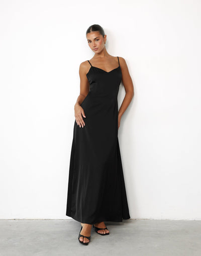 Isabella Maxi Dress (Black) - Satin V Neck Thin Strap Maxi - Women's Dress - Charcoal Clothing