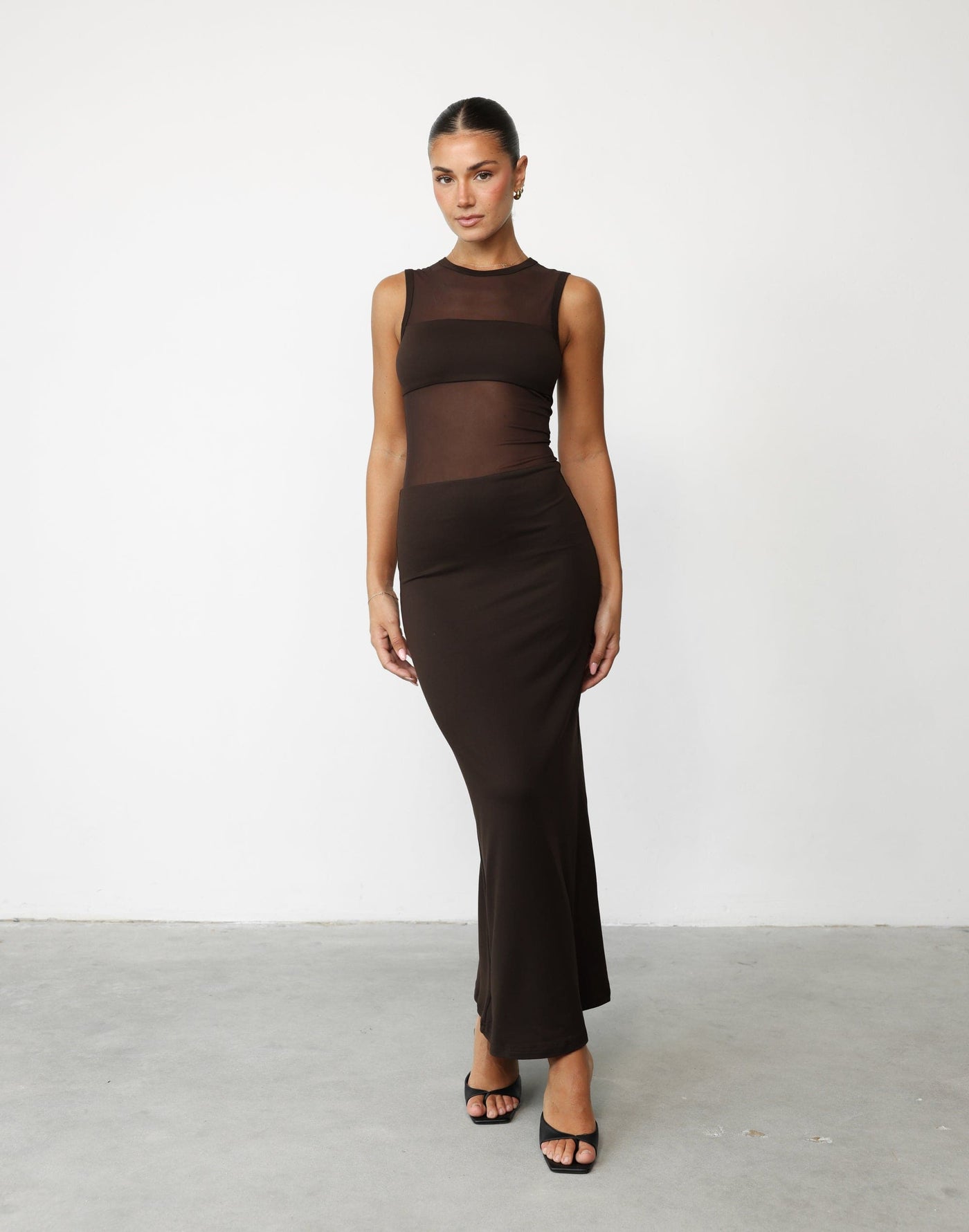 Cassius Maxi Dress (Chocolate) | CHARCOAL Exclusive - Sheer Upper with Jersey Bust Panel Maxi Dress - Women's Dress - Charcoal Clothing