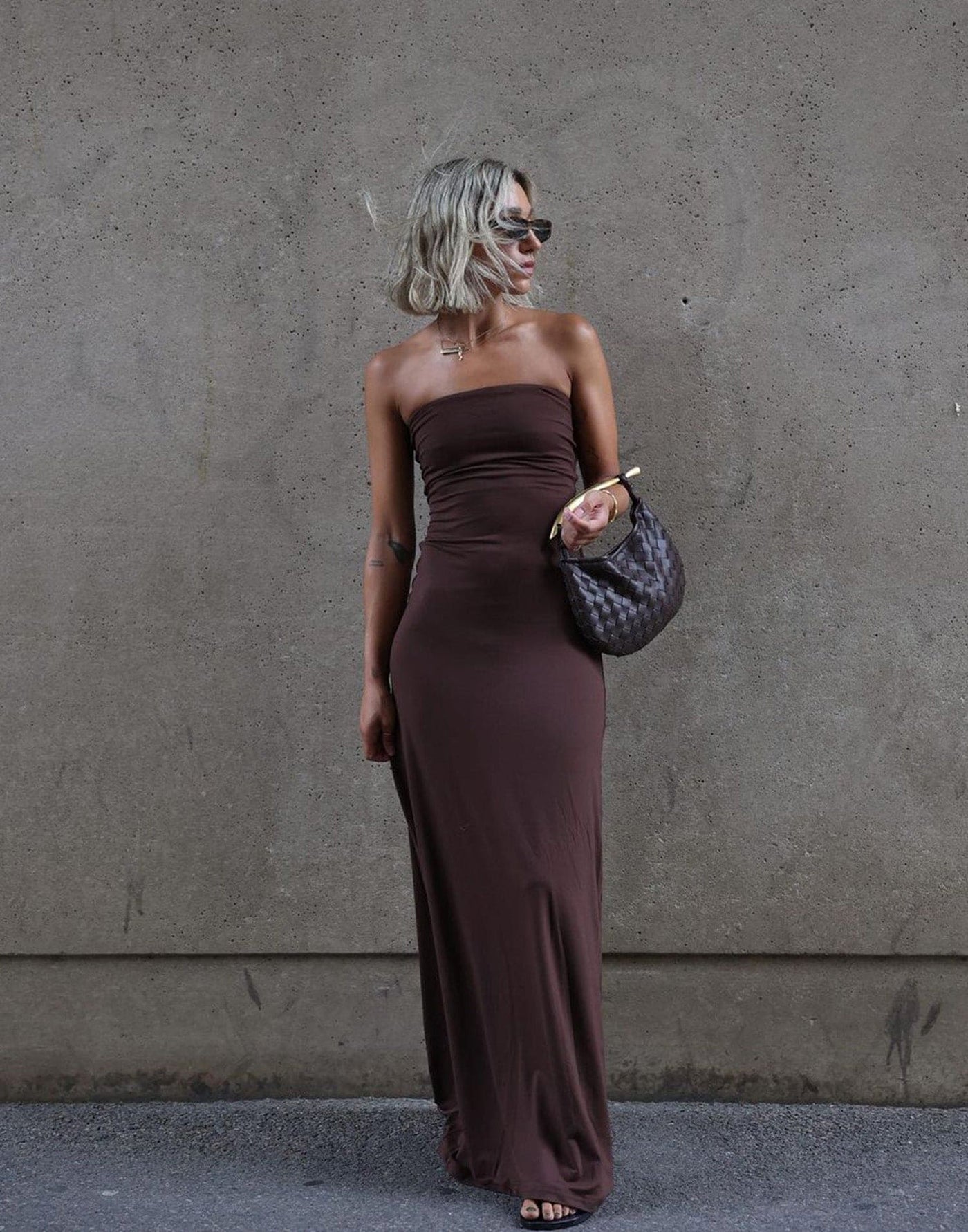 Ada Maxi Dress (Cocoa) Charcoal Clothing Exclusive Strapless Jersey