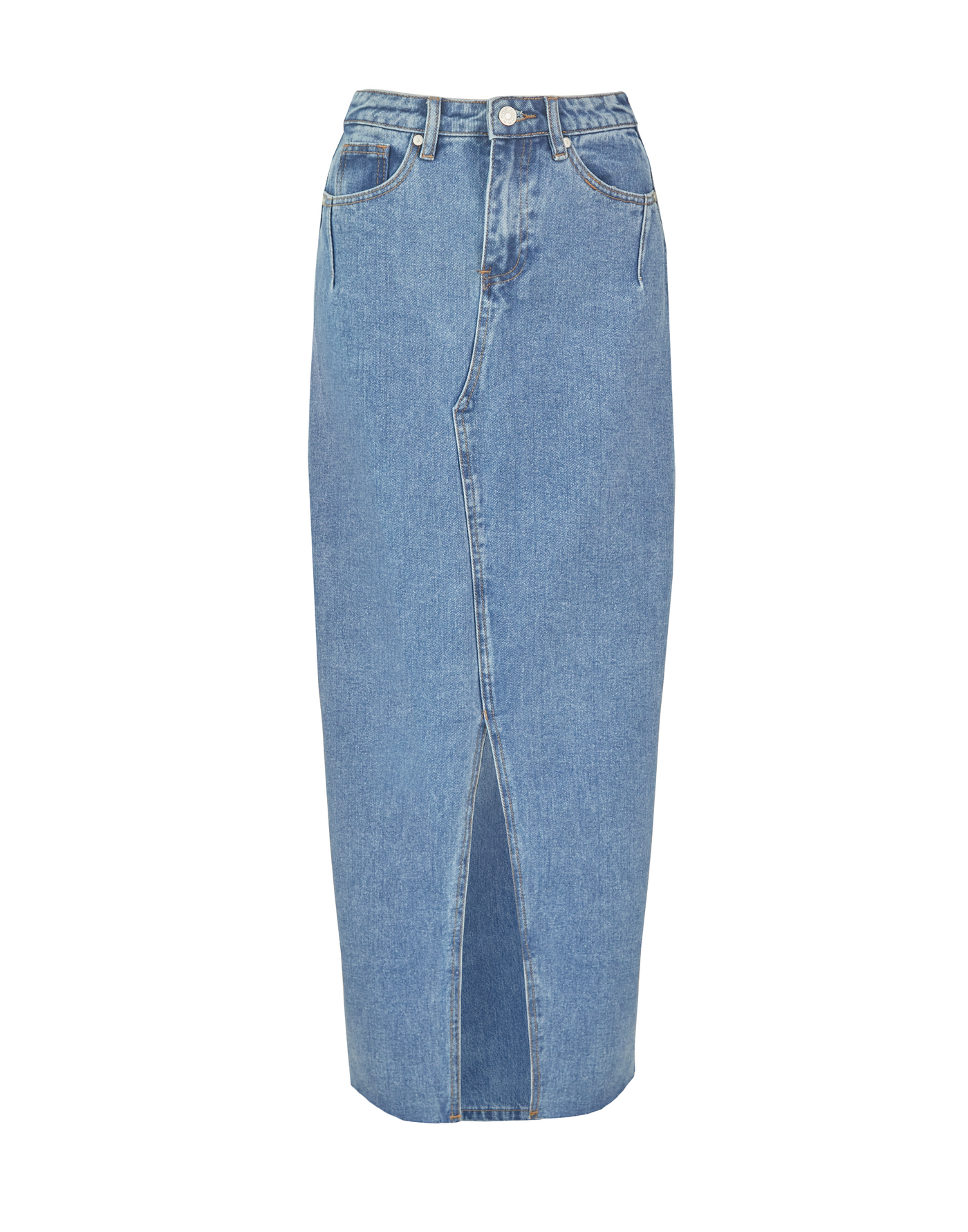 Drew Denim Midi Skirt (Mid Wash) - Mid Wash Blue Denim Midi Skirt - Women's Skirt - Charcoal Clothing