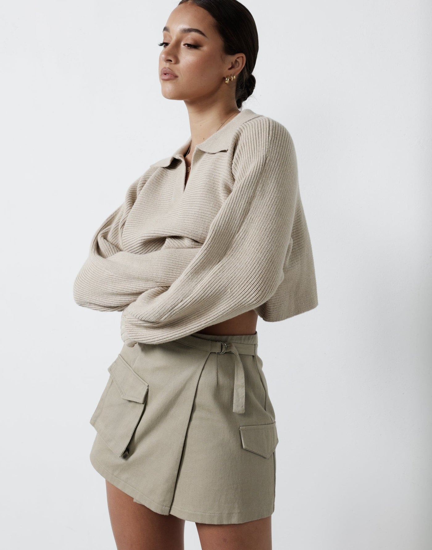 Scottie Mini Skirt (Khaki) - Cargo Wrap Khaki Mini Skirt - Women's Skirt - Charcoal Clothing