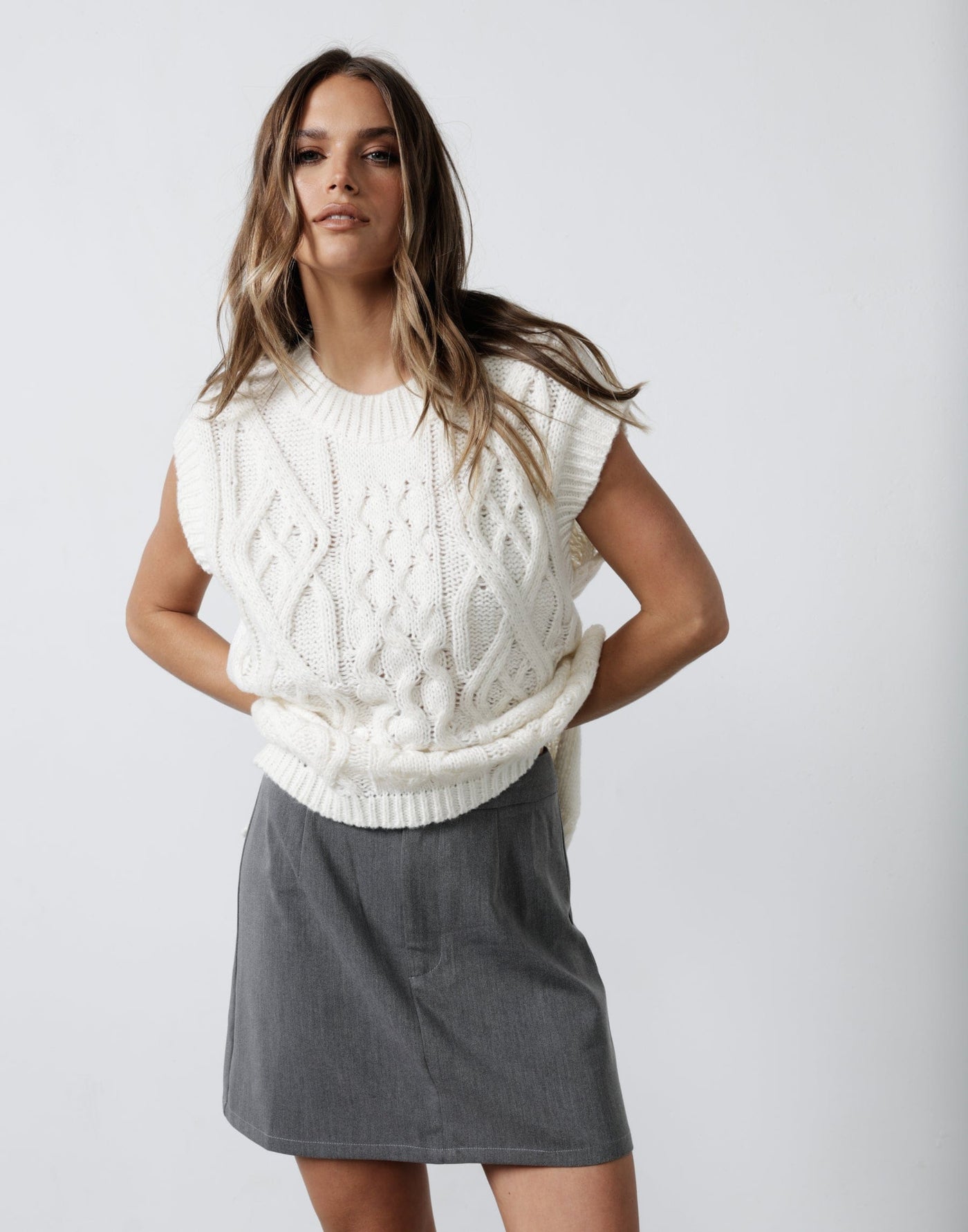 Eero Vest Top (Cream) - Cable Knit Vest Top - Women's Top - Charcoal Clothing