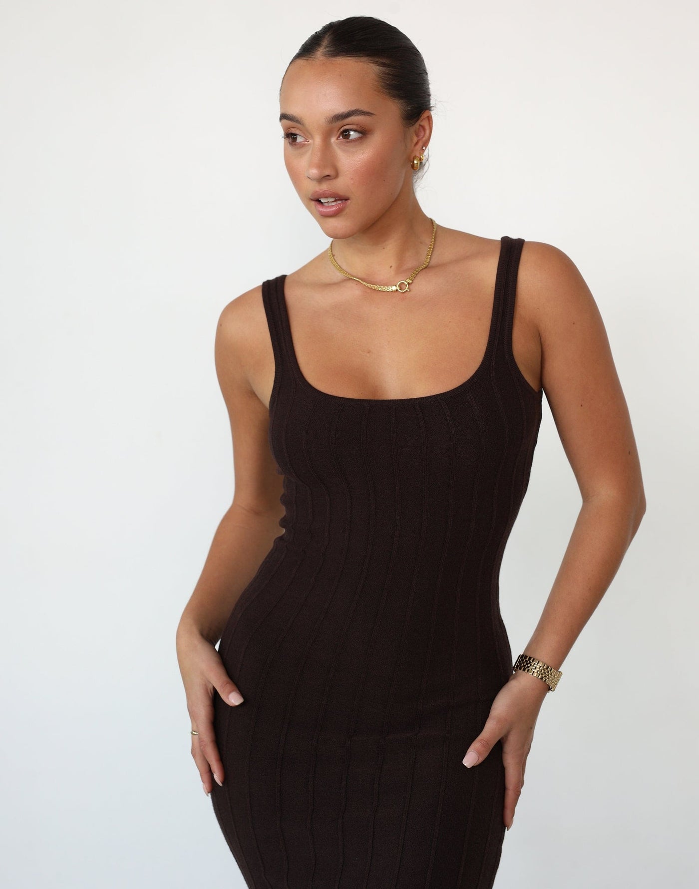 Ephemeral Maxi Dress (Chocolate) - Knit Ribbed Bodycon Maxi Dress - Women's Dress - Charcoal Clothing