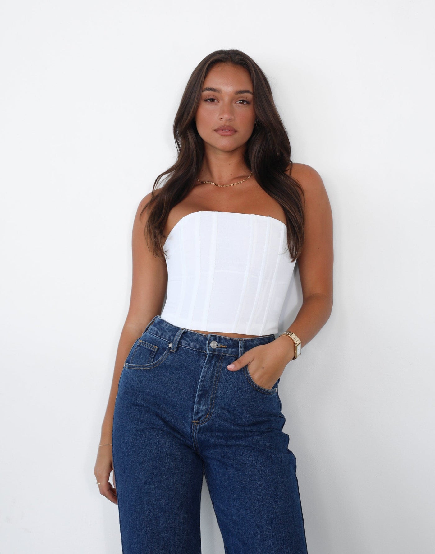 Own The Moment Top (White) - Strapless Corset Crop Top - Women's Top - Charcoal Clothing