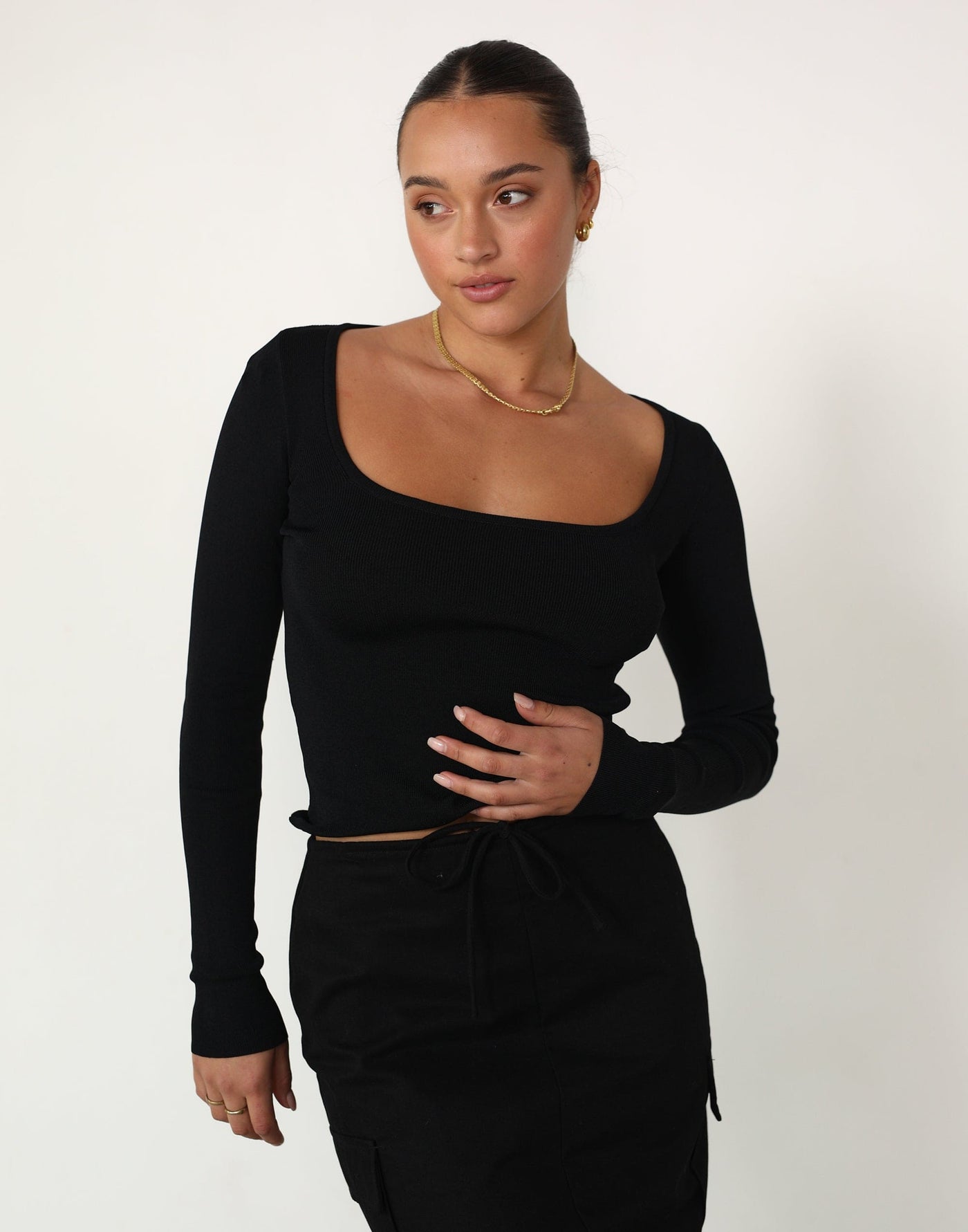 Ali Long Sleeve Top (Black) - Ribbed Rounded Square Neck Top - Women's Tops - Charcoal Clothing