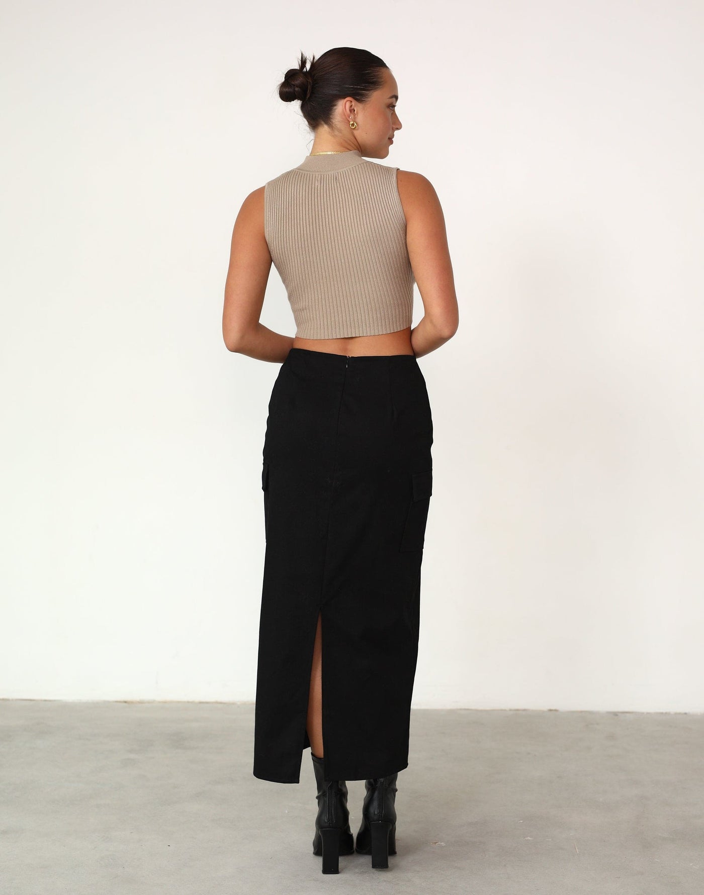 Lyka Top (Stone) - High Neck Cropped Cut Out Top - Women's Tops - Charcoal Clothing