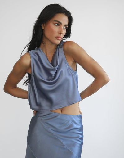 Charlow Crop Top (Royal Blue) - Satin Cowl Neck Crop Top - Women's Top - Charcoal Clothing